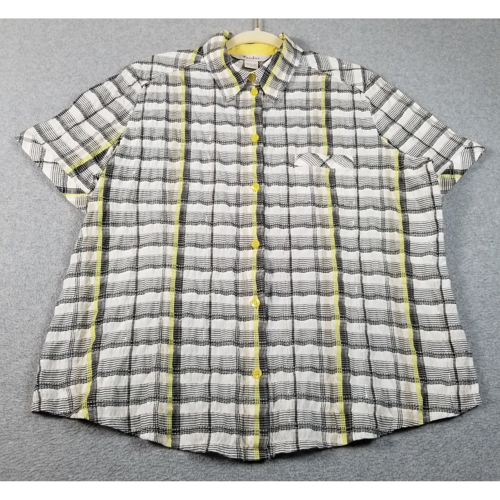 Tanjay Button Up Shirt Women's 18 Plaid Metallic Short Sleeves Seersucker Top
